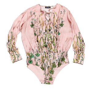 Zara Dusty Rose Floral Blouse Bodysuit Green White Flowers Small